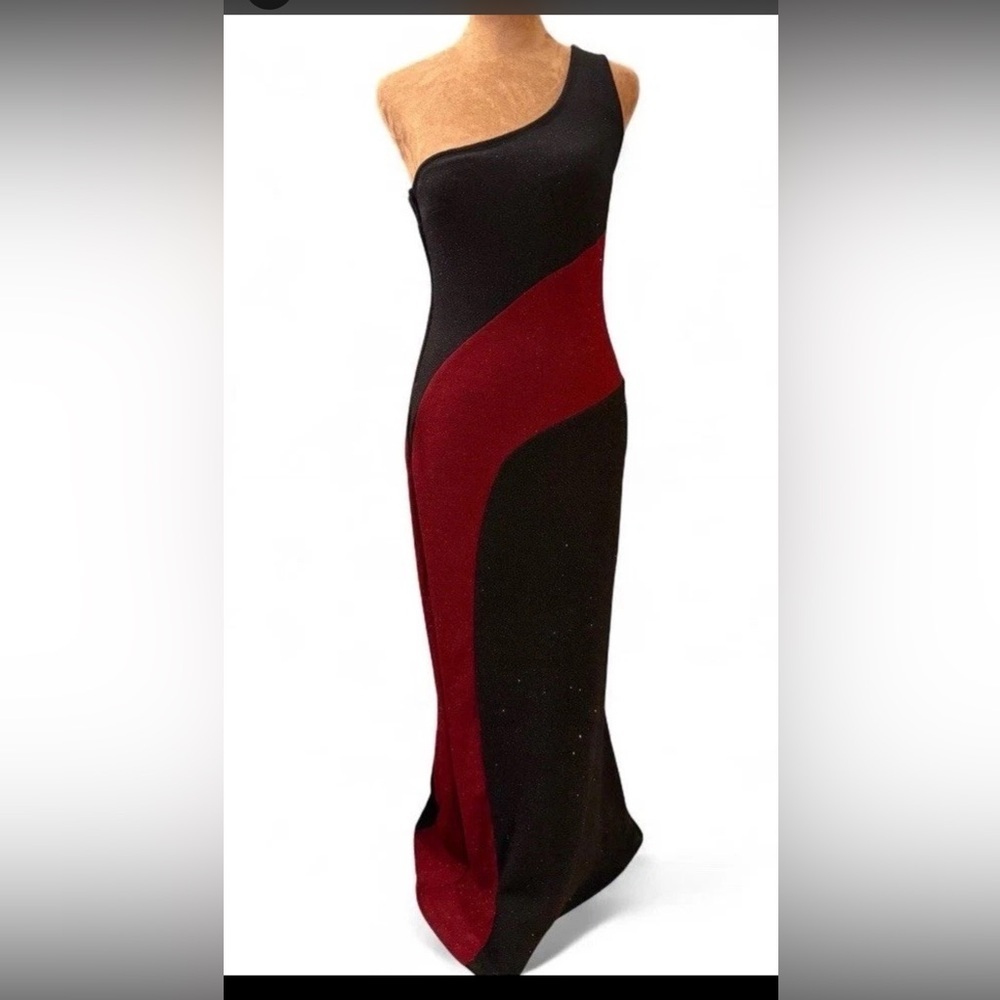 VTG Elegant One-Shoulder Black Burgundy Sparkle Black Tie Gala Glam Dress